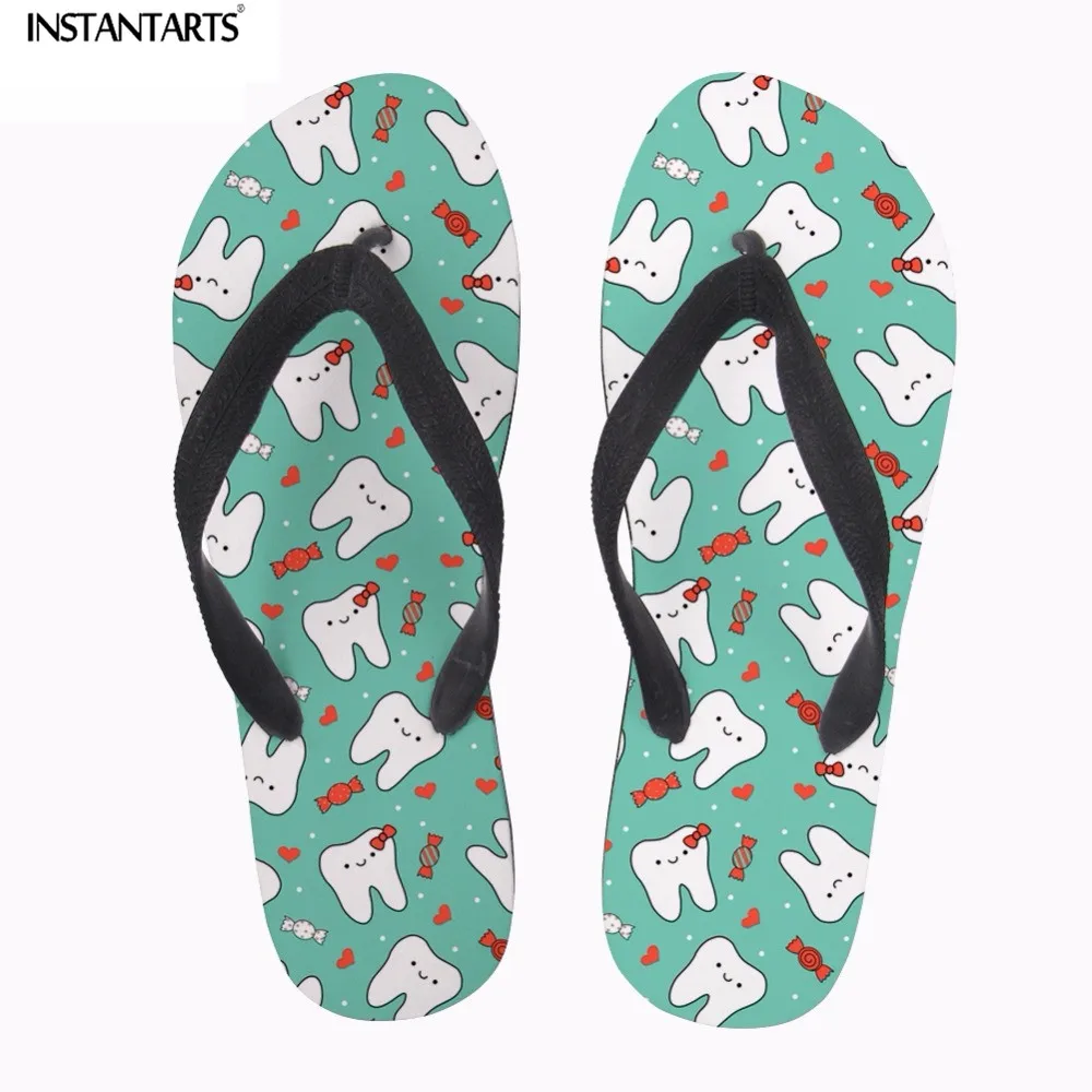 

INSTANTARTS Cute Nursing Shoes 2018 Women Summer Flats Cartoon Dentist Pattern Woman Girl Non-slip Flip Flops Dental Slippers