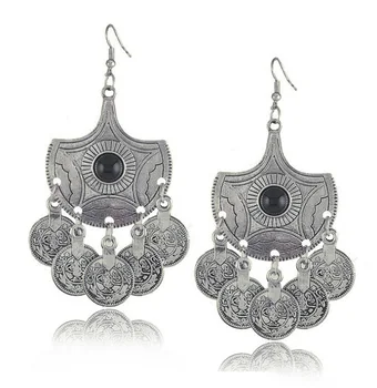 

Tribal Statement Coin Earrings Ethnic Jewelry Vintage Silver Big Black Beads Drop Earrings Gypsy Coin Earring Lots 10 Pairs