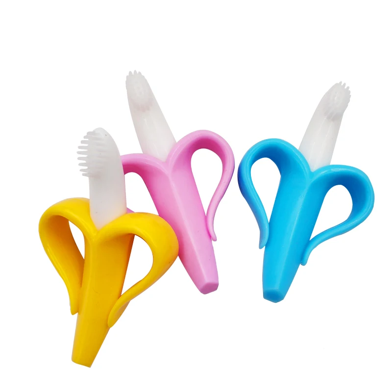 

Baby Teether Toys Kids Cute Banana Shape Crib Rattle Bendable Activity Training ToothBrush Silicone Teething Toy with Package