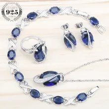 925 пробы серебряные Свадебные Ювелирные наборы для женщин голубой циркон браслеты/ожерелье/кулон/серьги с камнями кольца Подарочная коробка