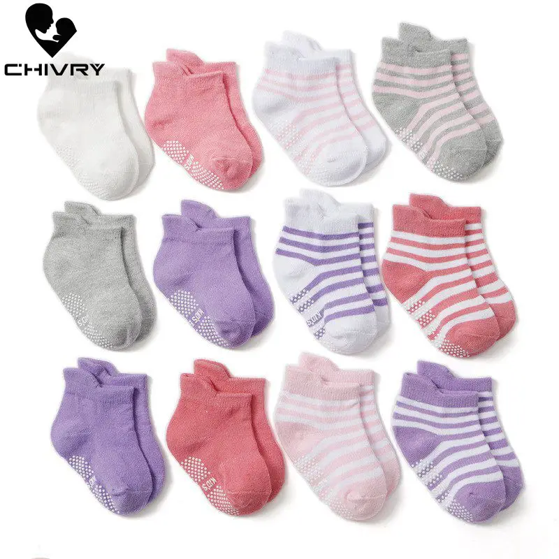 

Chivry 6Pairs/lot Baby Kids Solid Stripe Socks Newborn Infant Toddler Spring Autumn Soft Cotton Sock Anti Slip Ankle Socks