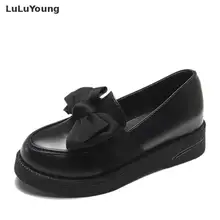 Женская обувь в английском стиле с бантом; Студенческая плоская обувь для отдыха