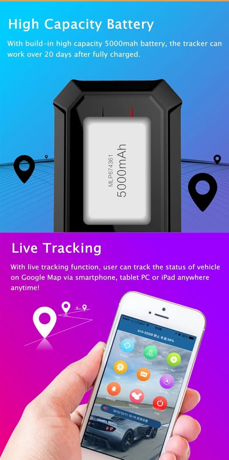 Мини Автомобильный gps-трекер A10 gps LBS GPRS SMS локатор отслеживания в реальном времени с длительным временем ожидания 5000 мАч батарея и Гео-ограждение