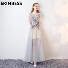 A Line Elegant Silver Evening Dresses Applqiues Long Floor Length Party Gowns For Women Tulle Prom Dress Vestido De Festa