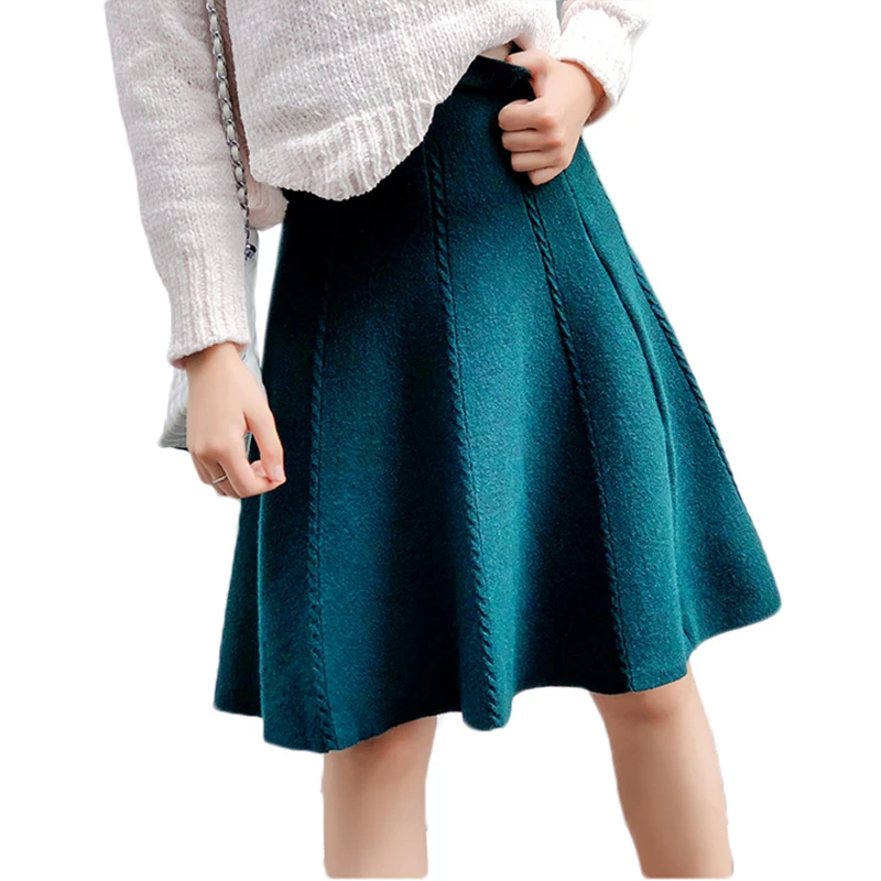 Kopen 2018 Herfst Winter Gebreide Rok Vrouwen Midi Hoge Taille EEN Lijn Gebreide Rokken One stukken Seamles Geplooide Elastische Dikke faldas