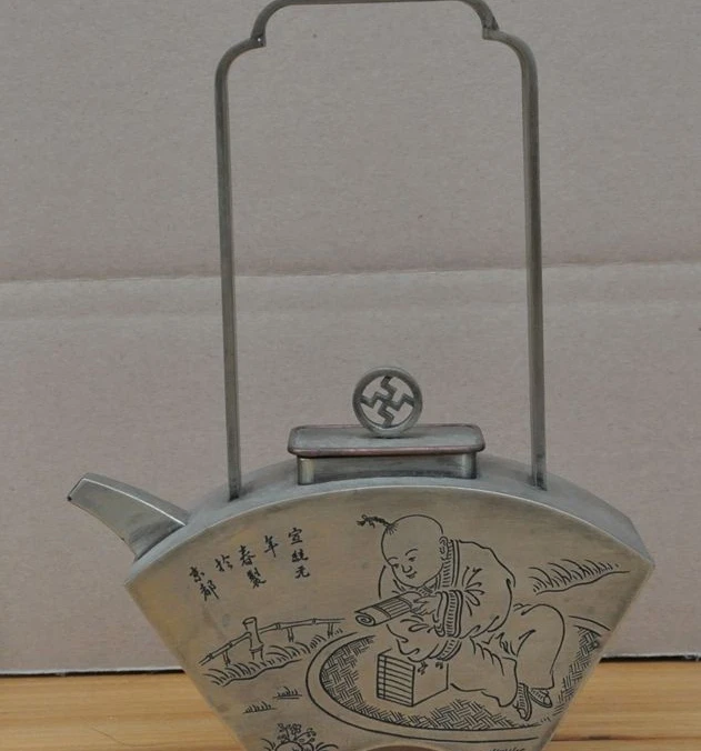 

9" chinese pure White copper Boy Read books Text statue Teapot Kettle Tea maker