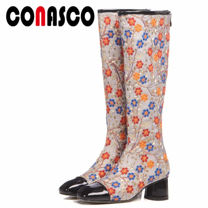 

CONASCO Brand Women Knee High Boots Embroider Autumn Winter Fashion Show Long Warm Snow Shoes Woman High Motorcycle Boots