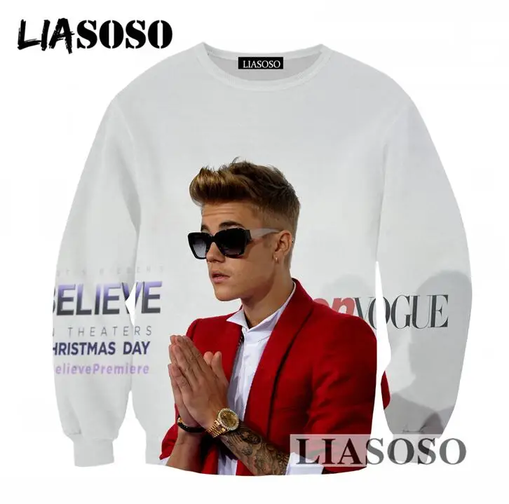 LIASOSO Fashion New Design Sweatshirt 3D Print Singer Justin Bieber Men Women Tracksuits Casual Long Sleeves Pullovers Tops T744
