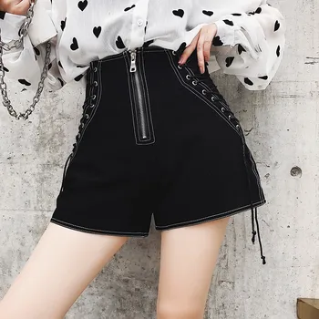 

women sexy skinny waist tie up bandage tassel denim shorts female slim pocket black high waist drawstring jean shorts 2018