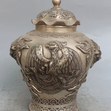 1" Клеймо Китайский Серебряный 8 благоприятный символ Феникс Лев Вазы, Чаши Горшок Статуя