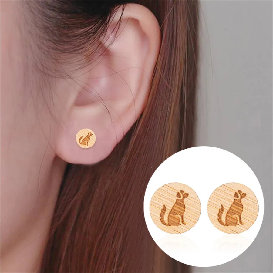 yiustar Dog Earrings Women Round Wooden Studs Earring 2018 Fashion