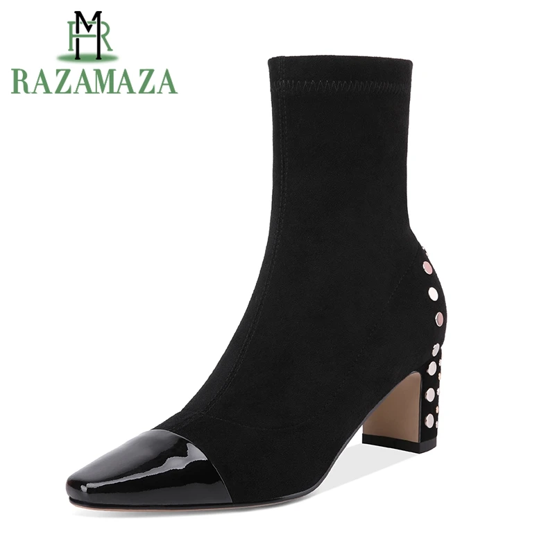 

RAZAMAZA Woman High Heels Boots Genuine Leather Winter Shoes Women Zipper Rivets Mid Calf Boots Vinatge Footwear Size 34-39