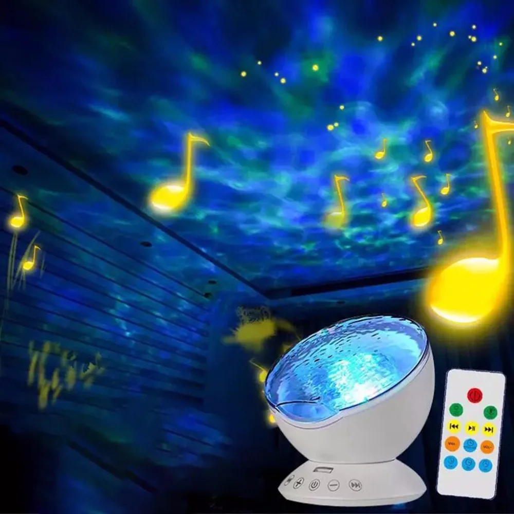 

Creative Design Ocean Night Lamp Projector Music Player 7 LED Lights Modes Audio Plug Mini Amplifier Remote Control Speaker