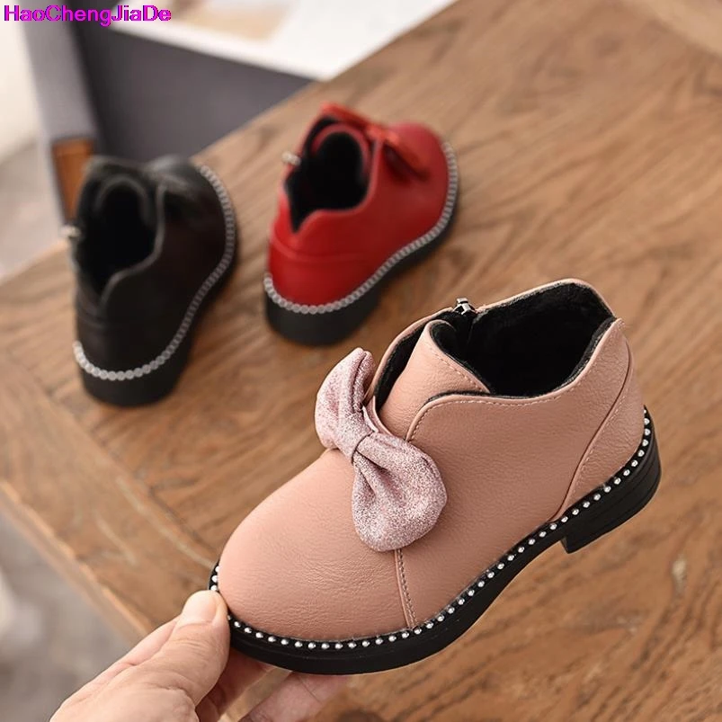 

HaoChengJiaDe Kid's Snow Boots With Bow New Autumn Bowknow Children Princess Shoes Baby Fashion Sneakers Soft Girls Martin Boots