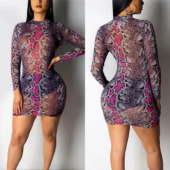 

2019 Sexy Women Mesh Sheer Bodycon Snake Printed Club Dress Bikini Beachwear Cover-Ups Swimsuit Clothes