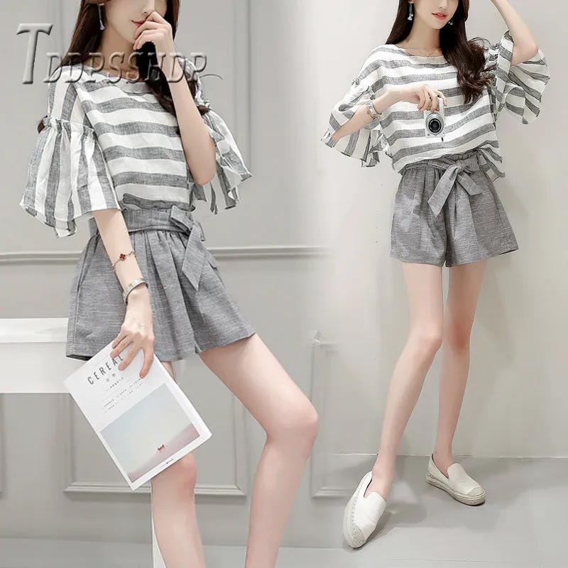 

2019 Summer Women Sets Stripe T Shirt And Bowknot Shorts Female Sets