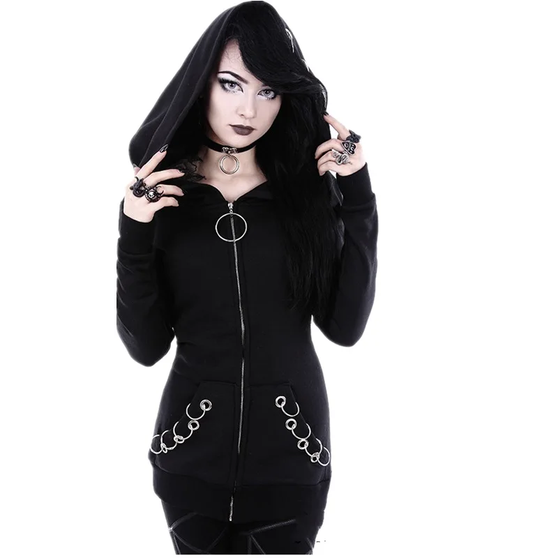 2018 Women Hoodies Ghotic Punk Iron Ring Sweatshirts Autumn Winter Long Sleeve Zip-up Black Jacket Zipper Ladies Coat