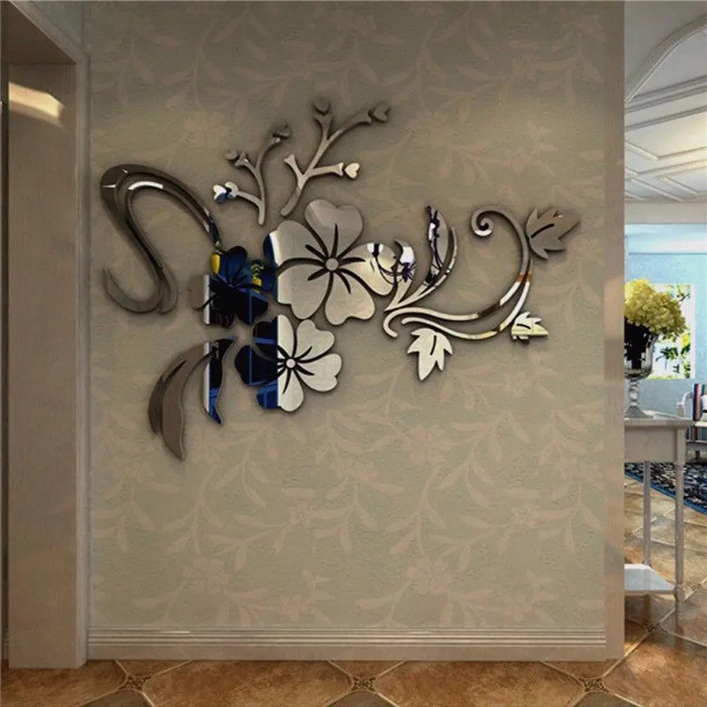Espejo 3D extraíble flor arte pared pegatina Mural acrílico decoración de la habitación del hogar estilo chino ciruelo flor Espejos decorativos