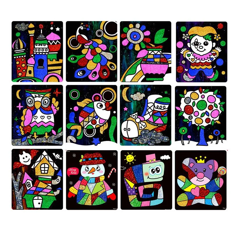 20 шт. волшебные игрушки для рисования блестящая бумага художественная Живопись карты креативные детские раскраски DIY ремесло Обучающие Развивающие игрушки для детей - Цвет: Cartoon-12pcs