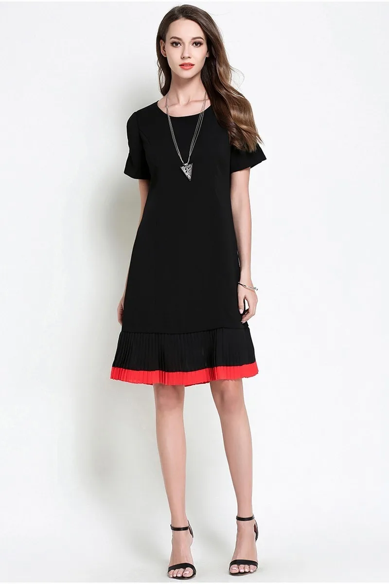 Платье краткое мода Черный выдалбливают с короткими рукавами драпированным низом контраст Цвет летнее платье плюс Размеры 5XL 4XL XXXL XXL xl, l, m