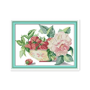 

11CT 14CT Count Grid Embroidery Handmade Cross Stitch Set Strawberry Flowers Pots Small diy Embroidery Crafts Hanging