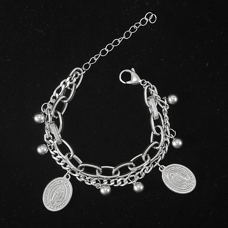 

Fashion cool style personality hip hop punk girl style stainless steel double layer ladies bracelet hot sale