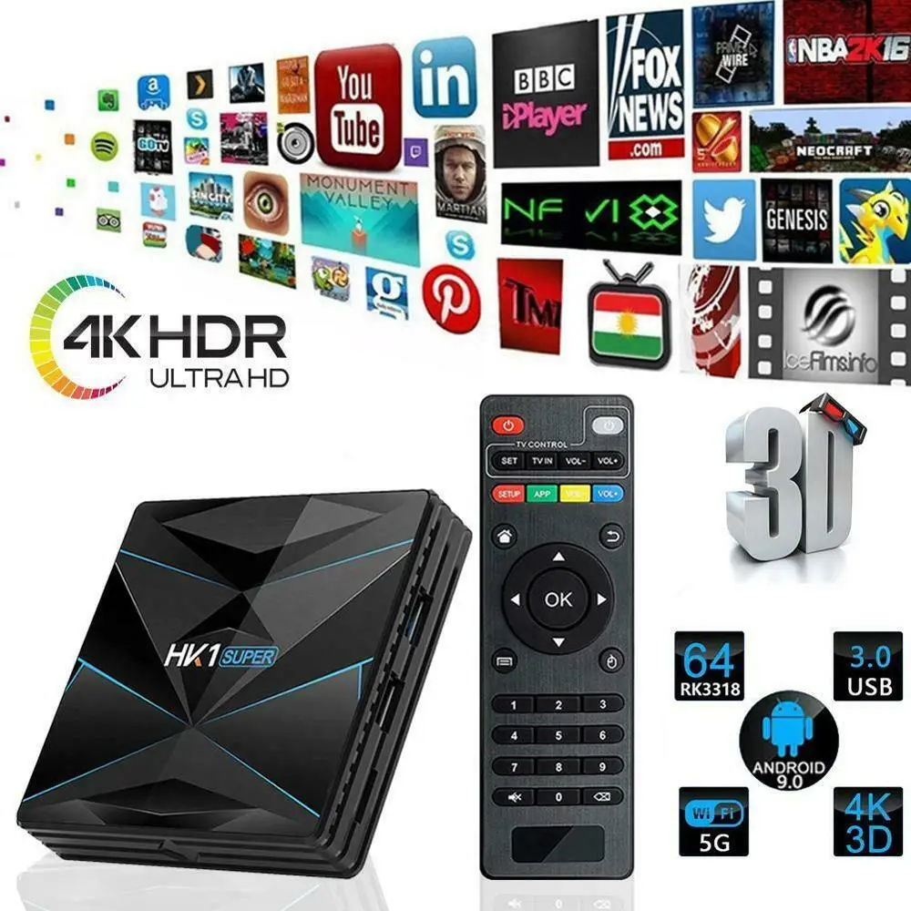 

HK1 SUPER Android 9.0 TV Box RK3318 Quad Core 4GB 128GB Set-top Box 16G+64G+BT 2.4G/5GHz Dual-band Wifi Player Online Home Video
