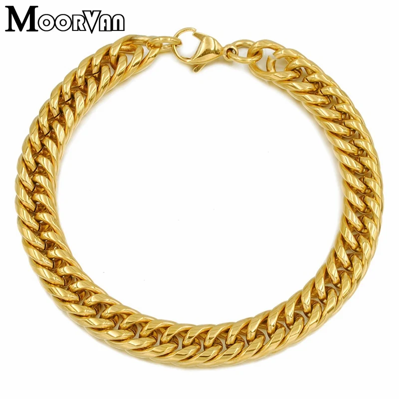

Moorvan punk men's gold color round chain,cuff bracelet,9mm wide 21.5cm length,stainless steel best friend bracelets gift VB295