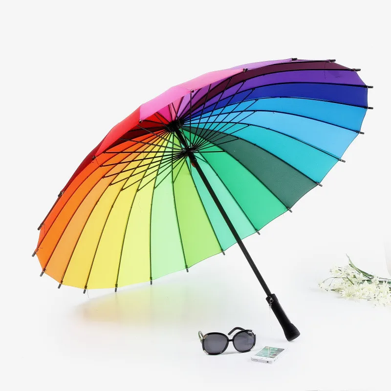 Горячая Распродажа 24K ребра цвета радуги модная длинная ручка прямой анти-УФ солнце/дождь палка зонтик ручной большой зонтик