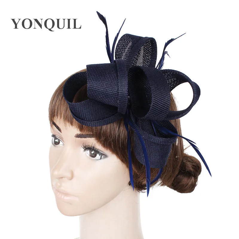 

Navy or multiple colors imitation sinamay fascinator hats women wedding with feather hair accessories ladies party headbands