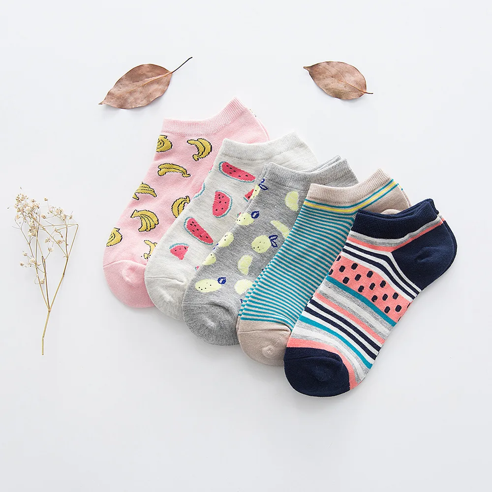 5 пар/партия, забавная лодка, носки для женщин, хлопок, милые, Kawaii, короткий рисунок, мультфильм, Фрукты Банан, дыни, груши, полосы, невидимые носки