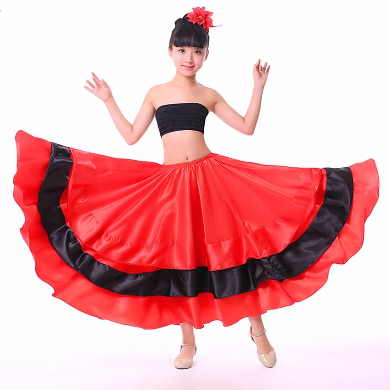 Красные юбки фламенко Детская Одежда, Испания Длинные бальные Юбка для девочек Детская танцевальная одежда для этапа 180/360/540/720 градусов круглый DNV11148
