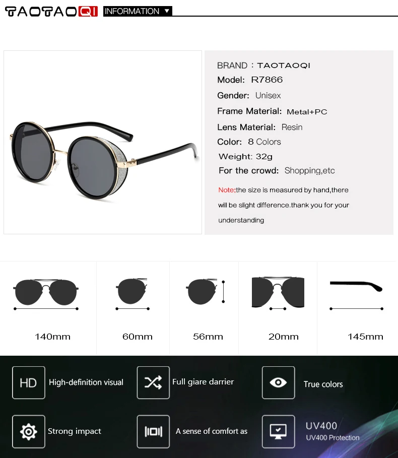 TAOTAOQI Новые Солнцезащитные очки женские брендовые дизайнерские роскошные украшения очки в круглой оправе стимпанк модные классические солнцезащитные очки UV400