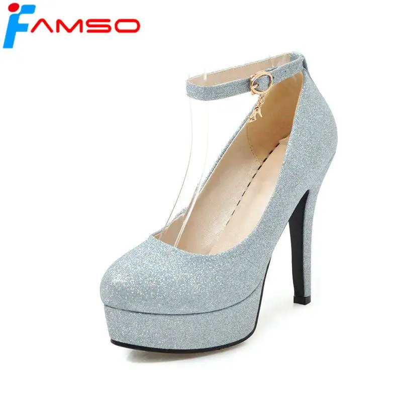 

FAMSO 2019 New Spring Autumn thin Heels Pumps Gold Silver High Heels Shoes Ankle Strap Party Glitter Platforms Pumps