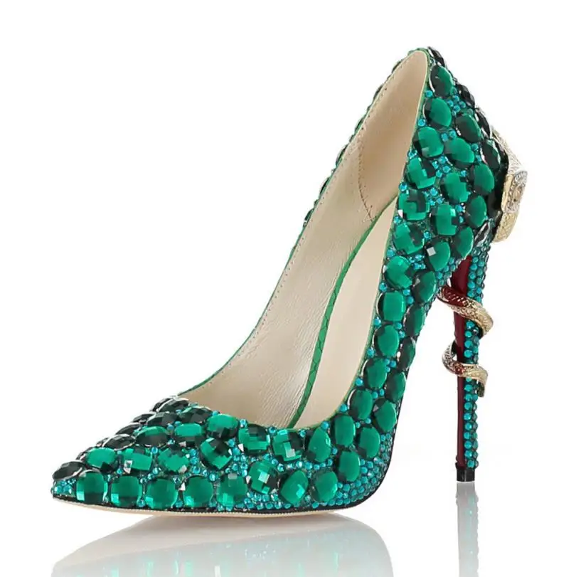 

2018 autumn hand-set green rhinestones European and American leather high heels shallow mouth pointed stiletto bridal shoes