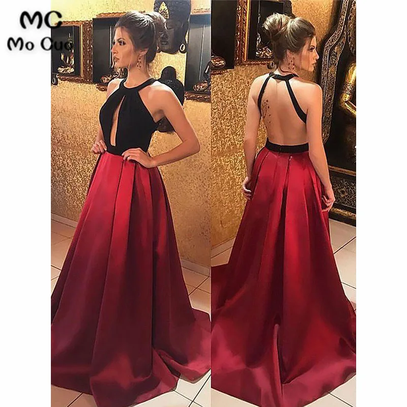 In Stock 2019 Burgundy Evening Dresses Long with Pockets Draped Robe de soiree Halter Satin Backless Party | Свадьбы и торжества