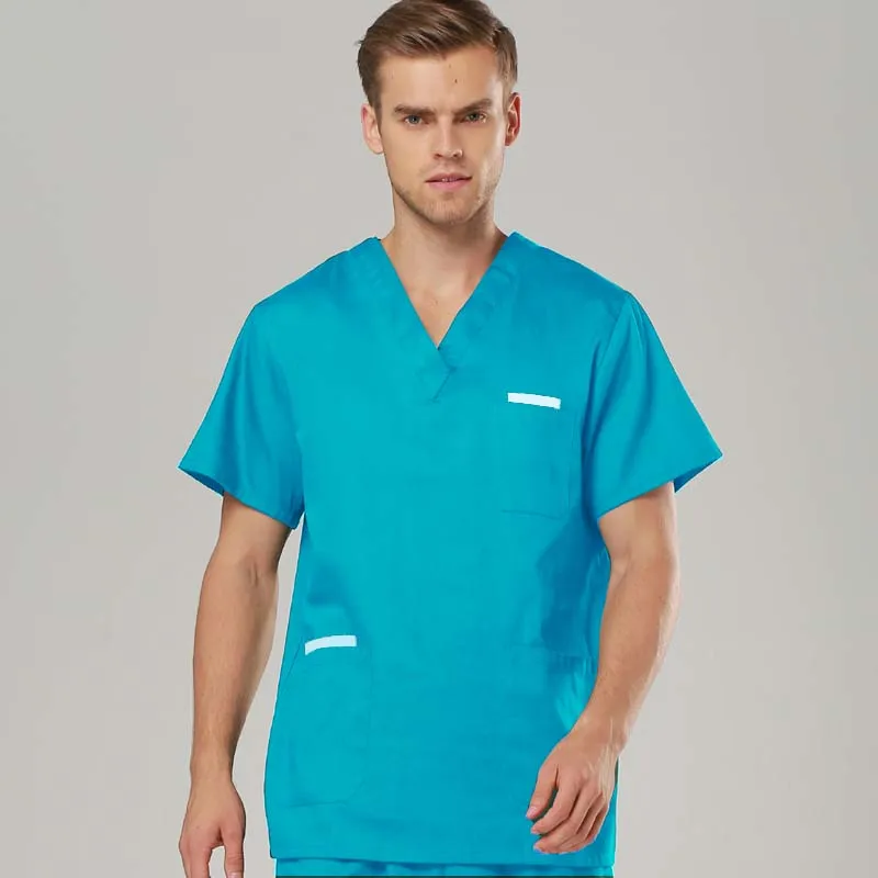 Мужская модная медицинская одежда из чистого хлопка с v-образным вырезом Топ С 5 Карманами+ эластичный пояс и брюки на шнурке - Цвет: lake blue