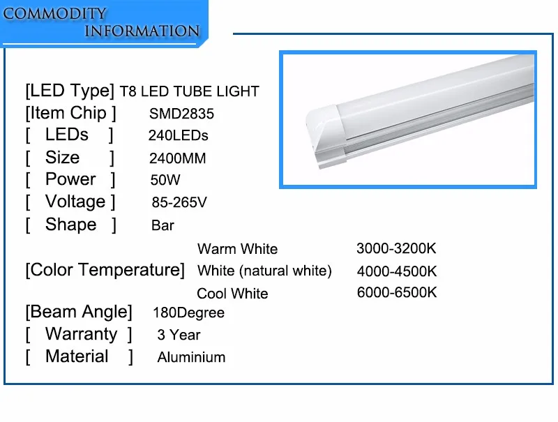 Toika 30 шт. T8 integrated 40W50W 2400 мм 5000 К LED T8 integrated лампа 8ft 2.4 м T8 LED light tube 25LM/pc 192led/240/pc