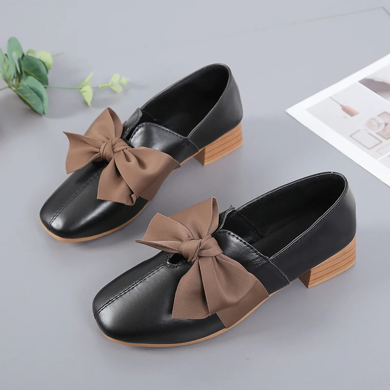 Bow Knot Casual Shoes for Women Flats Leather Oxfords Women Shoes Woman Fashion Square Heels Slip on Ladies Shoes Espadrilles