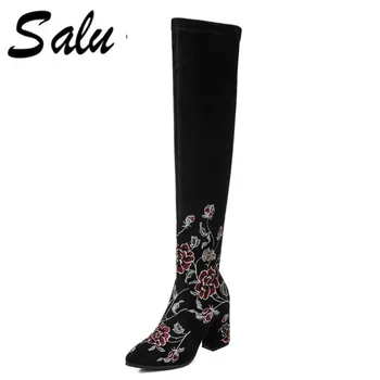

Salu Plus Size 33-43 Genuine Leather Over the Knee Boots Women Thigh High Winter Boots Chunky Heels Zipper Footwear Female