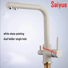 Белый мраморный камень, двойная ручка, вращающийся на 360 градусов, латунный поворотный смеситель для раковины, бортике, очиститель воды, кран для кухни