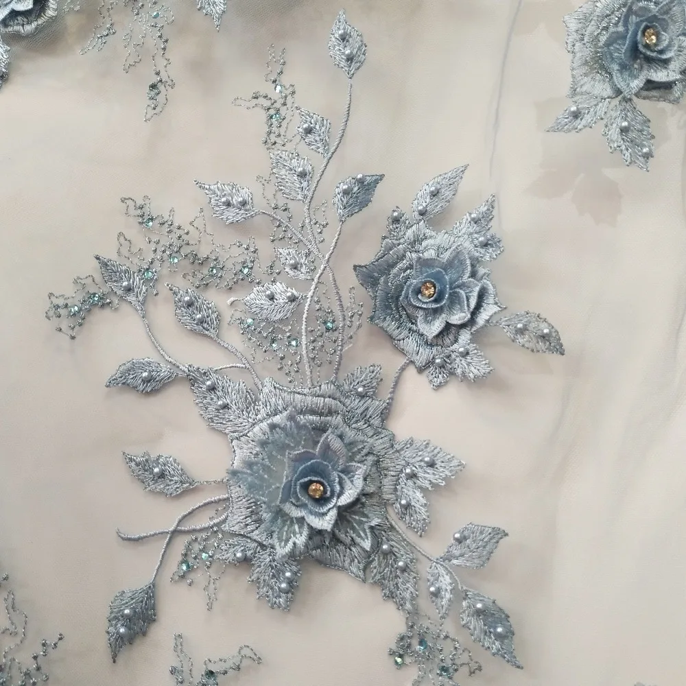 5yards light blue 3D flowers embroidered floral lace fabrics, dust blue