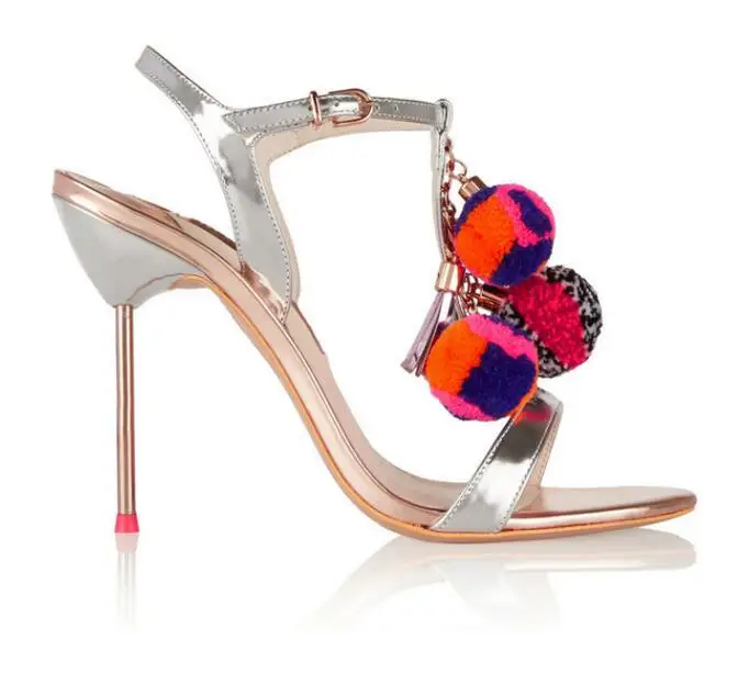 

Hot Selling Designer New Layla Pom-Pom Metallic Leather Sandal Silver/Gold Metal Heel Summer Dress shoes woman High Heel Pumps