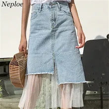 Neploe летняя Корейская юбка с высокой талией, из лоскутов Джинсовые юбки Новая мода Тонкий Faldas Mujer поддельные Двойка сетки jupe 67218