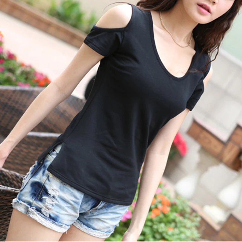 2019 Poleras Con encaje Mujer de hombro Camisetas mujeres Camisetas Tops de encaje camiseta Mujer hendidura lateral Camisetas Mujer Solid Tshirt c257