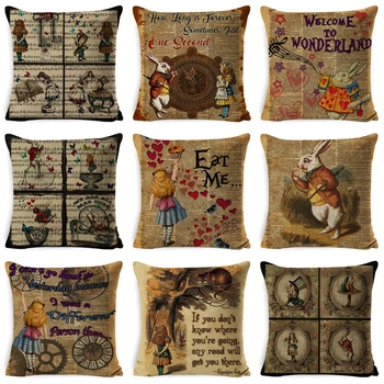 

2019 Vintage Cushion Cover Illustration Rabbit Praiser in Newspaper Alice in Wonderland Retro Home Decorative Pillow Cover Cover