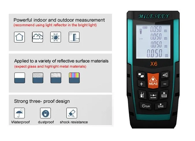 Mileseey X6 50 м 70 м 100 м лазерный дальномер нескользящий мягкий клей паз дизайн используется в картографической промышленности лазерный дальномер
