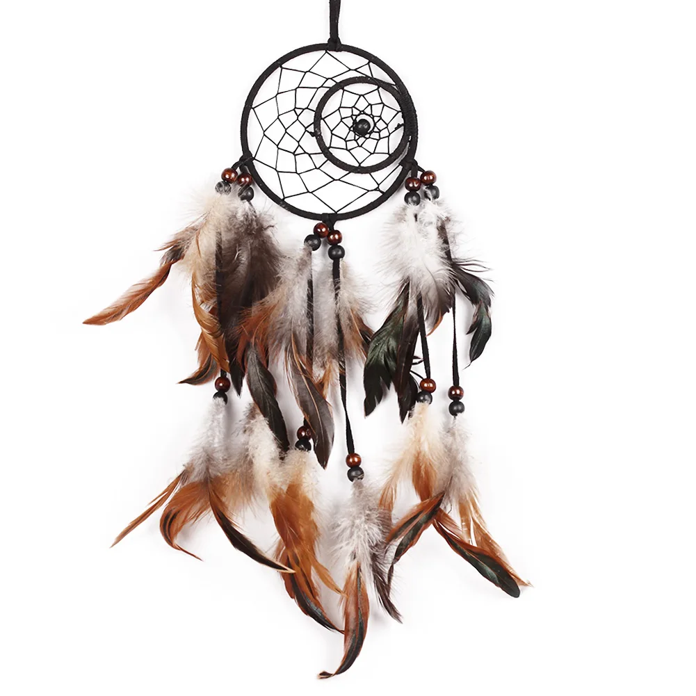 QTY 2 Brown Dream Catcher Handmade w/ Leather & Feather Car Wall Home Decor 
