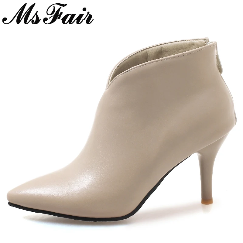 

MsFair Women Boots Shoes Woman Fashion Metal Zipper Ankle Boots Women Shoes Elegant Short Plush Sexy Thin Heels Boots For Girl
