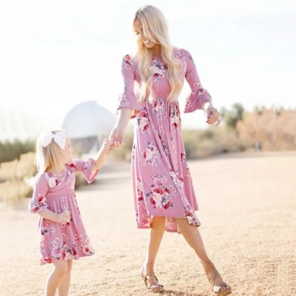 

NASHAKAITE mother daughter dresses Spring Autumn Flare Sleeve Floral Dress Mommy and me clothes mother and daughter clothes